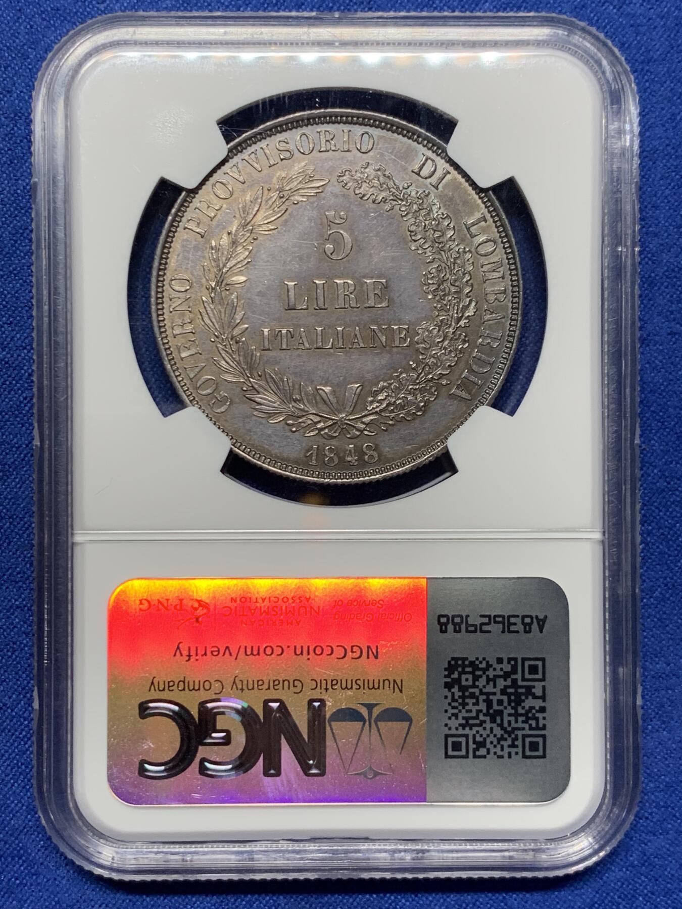 《竞宝斋》第426场 周日，周一  2场连拍 （全场包邮） NGC UNC 意大利1848年伦巴第-威尼斯5里拉大银币 革命临时政府 M记米兰厂铸 光度极好 深色包浆  人像面部清晰  细节极美