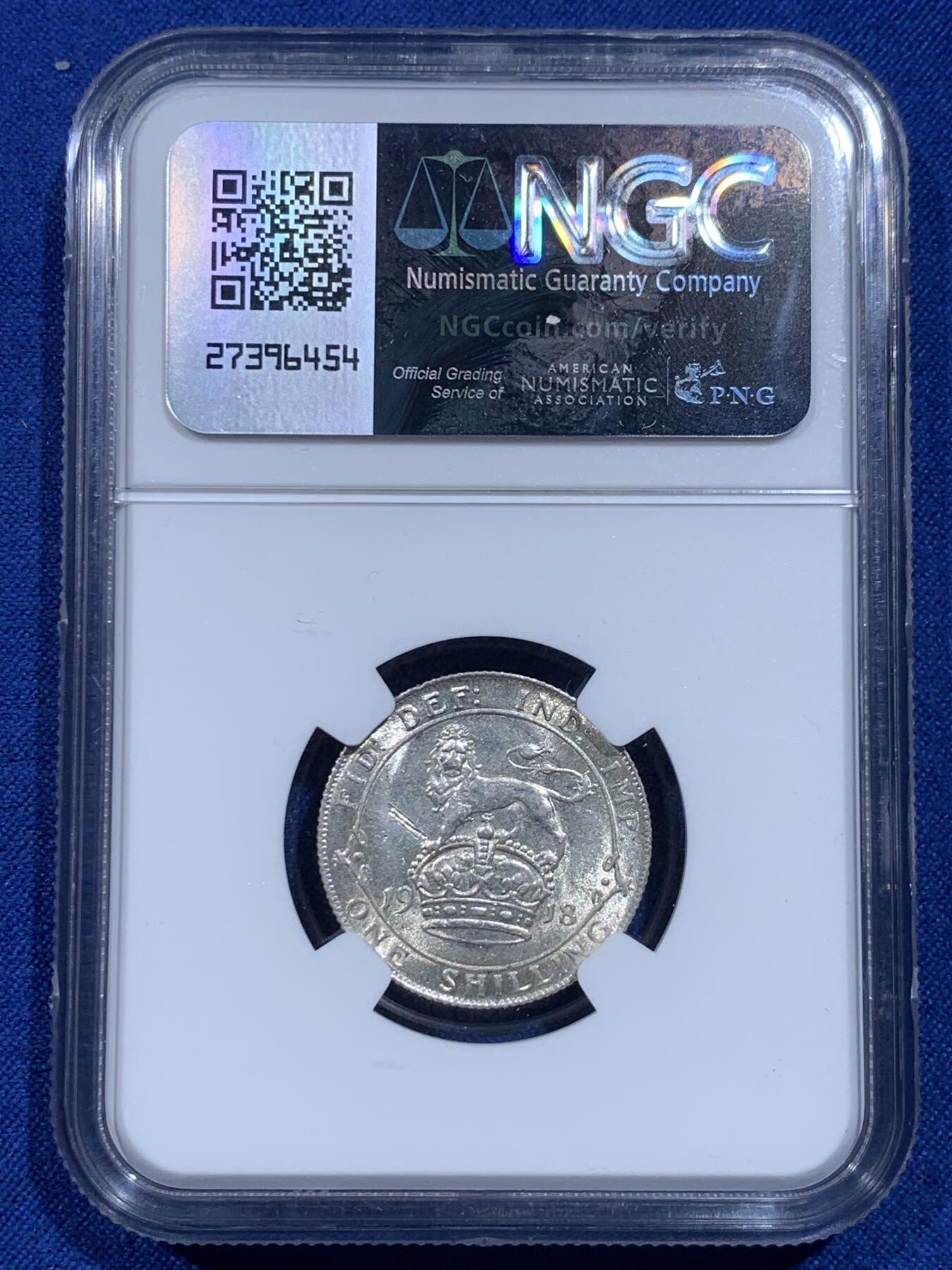 《竞宝斋》第426场 周日，周一  2场连拍 （全场包邮） NGC UNCD 英国1918年 乔治五世1先令 早期高银版 带光好品 细节见图