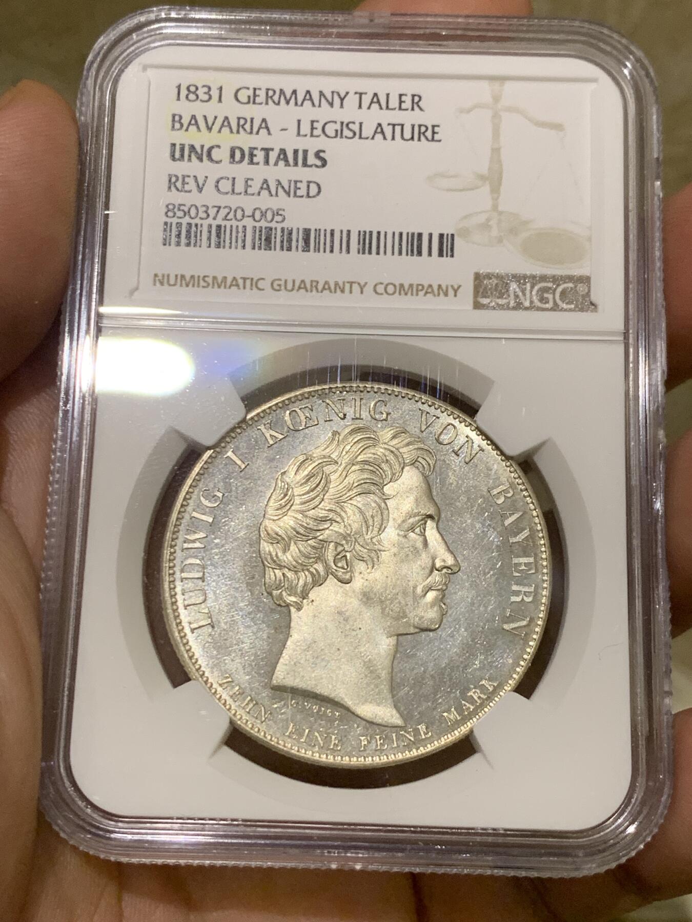 《竞宝斋》第426场 周日，周一  2场连拍 （全场包邮） NGC UNC 德国 1831年 巴伐利亚 立法会开幕纪念泰勒大银币 稀见品种