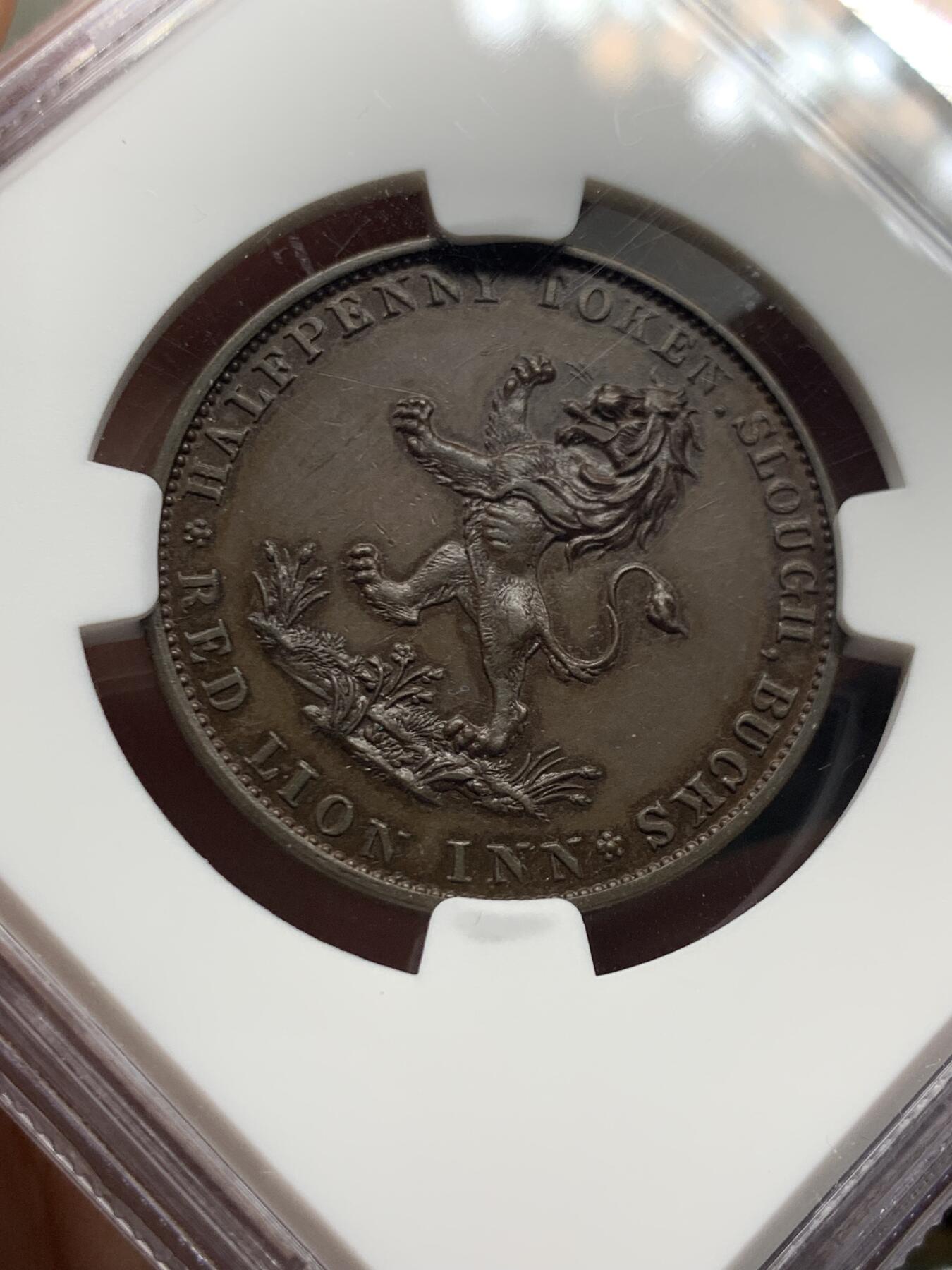 《竞宝斋》第426场 周日，周一  2场连拍 （全场包邮） NGC MS63BN 英国 白金汉郡 1794 红狮旅馆 半便士铜币 犀利细节 低评