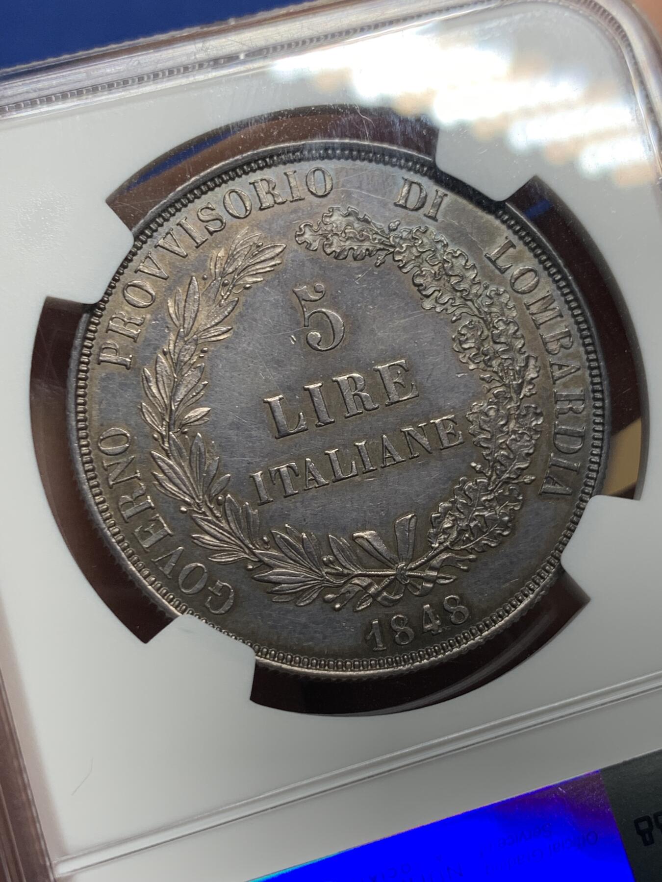 《竞宝斋》第426场 周日，周一  2场连拍 （全场包邮） NGC UNC 意大利1848年伦巴第-威尼斯5里拉大银币 革命临时政府 M记米兰厂铸 光度极好 深色包浆  人像面部清晰  细节极美