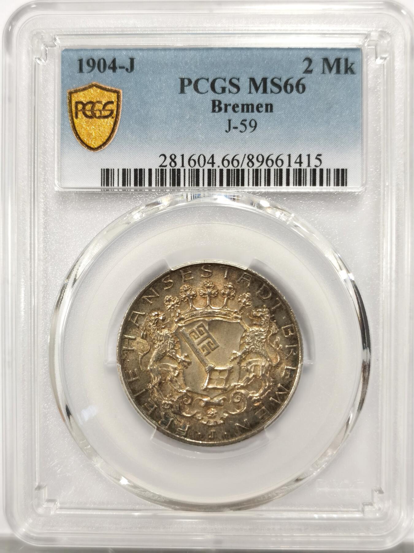 博洋堂世界钱币拍卖第142期（全场包邮） PCGS MS66 德国不莱梅自由市1906年流通2马克银币。金色包浆，超高分，状态非常好！