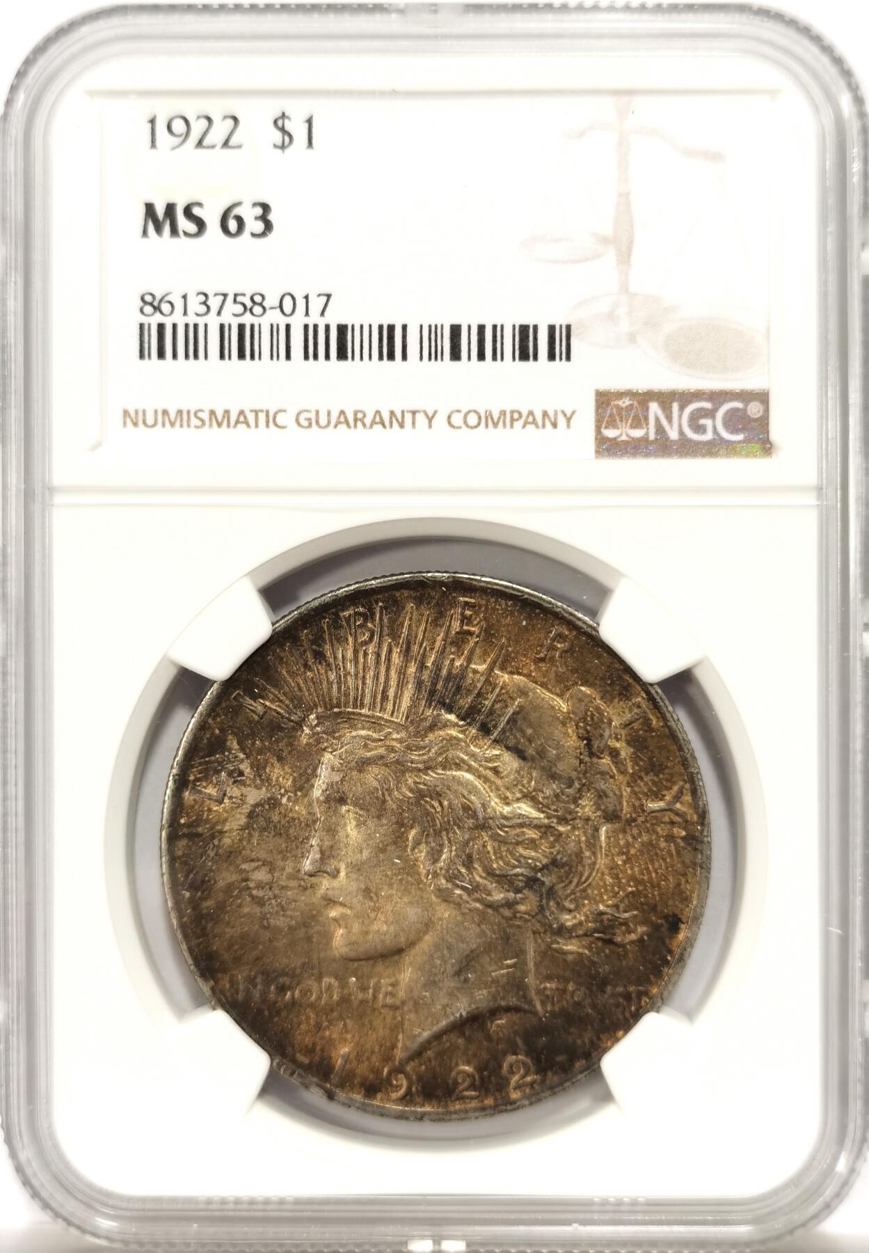 博洋堂世界钱币拍卖第142期（全场包邮） NGC MS63 美国1922年和平银币，极品五彩，背面金彩耀眼，和平好彩难寻。