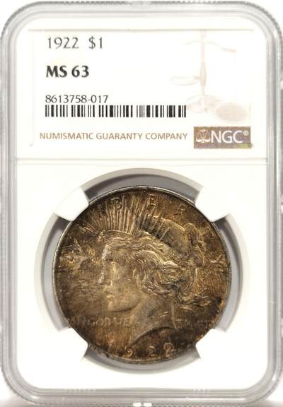 博洋堂世界钱币拍卖第142期（全场包邮） - NGC MS63 美国1922年和平银币，极品五彩，背面金彩耀眼，和平好彩难寻。