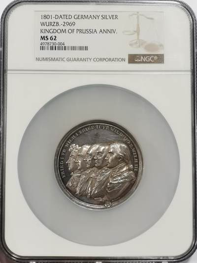 博洋堂世界钱币拍卖第142期（全场包邮） - NGC MS62 冠军分！普鲁士公国100周年纪念银章，镜面底板比较罕见，德意志章牌家丹尼尔·弗里德里希·洛斯Daniel·Friedrich·Loos（1735-1819）于1801年创作