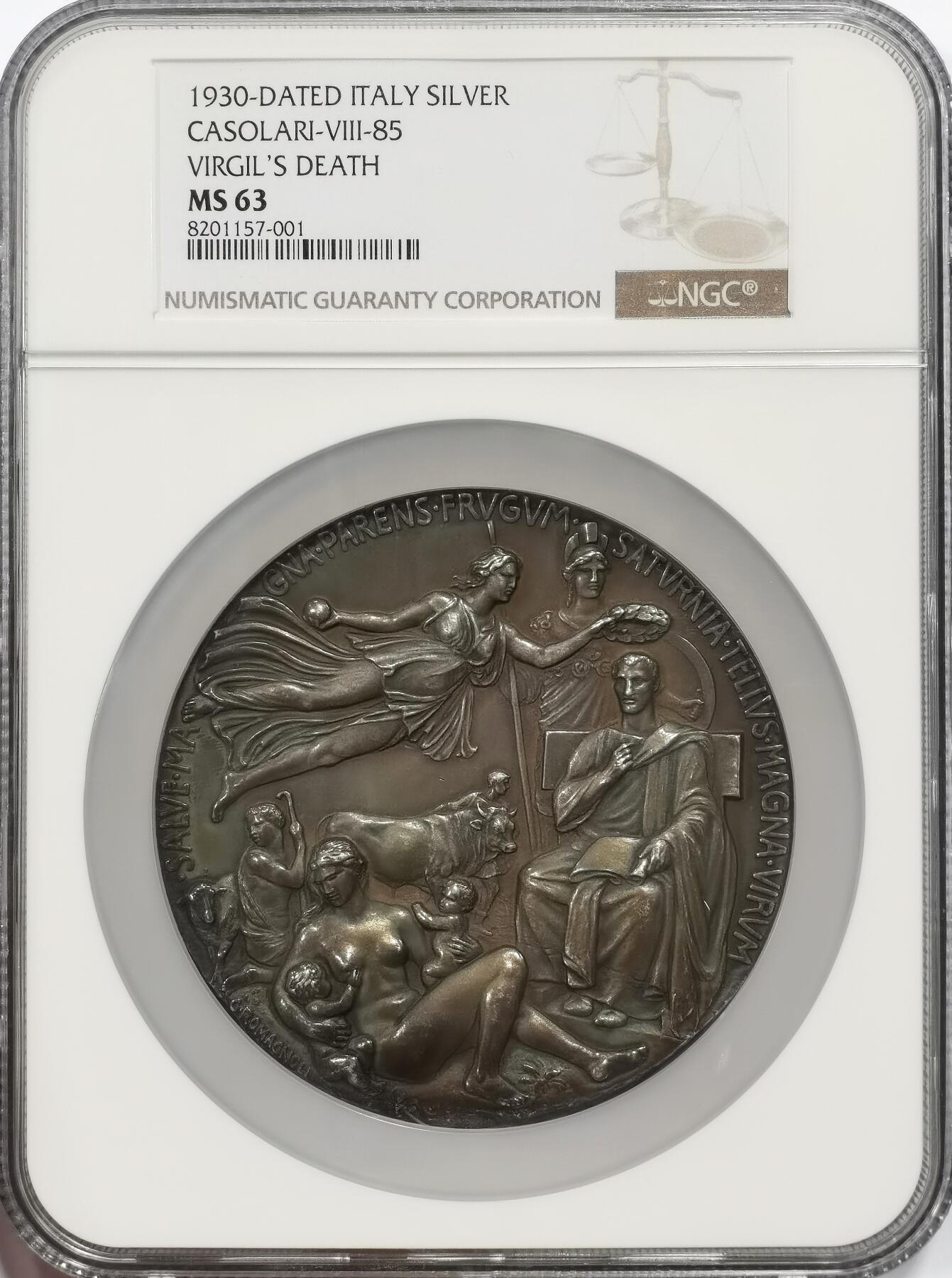 博洋堂世界钱币拍卖第142期（全场包邮） NGC MS63 1930年意大利古罗马诗人维吉尔诞辰2000周年超大尺寸银章，直径82mm,及其罕见的一枚银章，市面上很难见到，珍惜程度R2 雕刻繁复精美，画面人物栩栩如生，意大利罗马铸币厂首席雕刻大师Giuseppe Romagnoli史诗级作品
