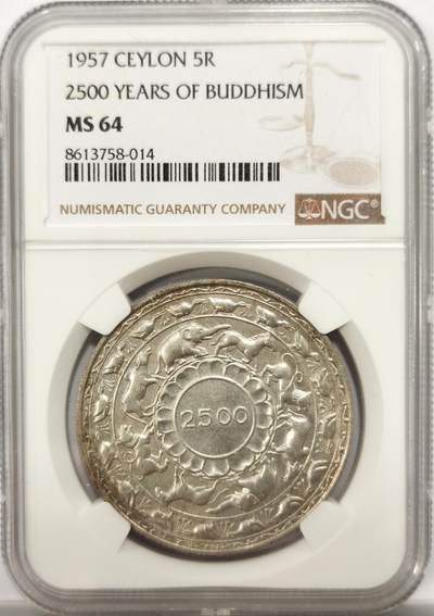 博洋堂世界钱币拍卖第142期（全场包邮） - NGC MS64 锡兰1957年佛诞2500周年5卢比大银币，卷拆极品，转光强烈，高分一步到位。