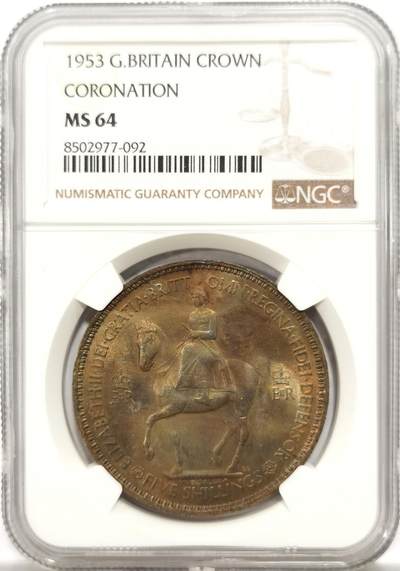 博洋堂世界钱币拍卖第142期（全场包邮） - NGC MS64 英国1953年伊丽莎白二世登基纪念克朗，带彩少见