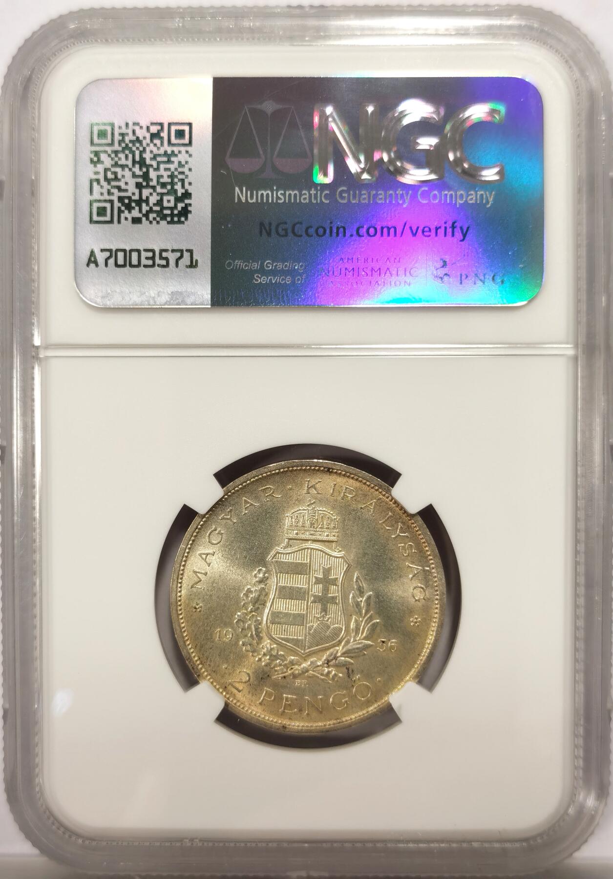 博洋堂世界钱币拍卖第142期（全场包邮） NGC MS63 匈牙利1936年弗朗茨纪念2潘果银币，少见品种，极美双面金彩，状态很好。