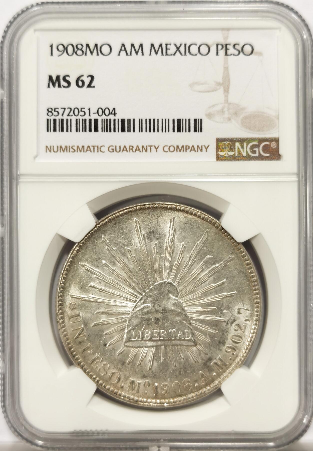 博洋堂世界钱币拍卖第142期（全场包邮） NGC MS62 墨西哥1908年MO AM版直边鹰洋，银色转光，状态不错