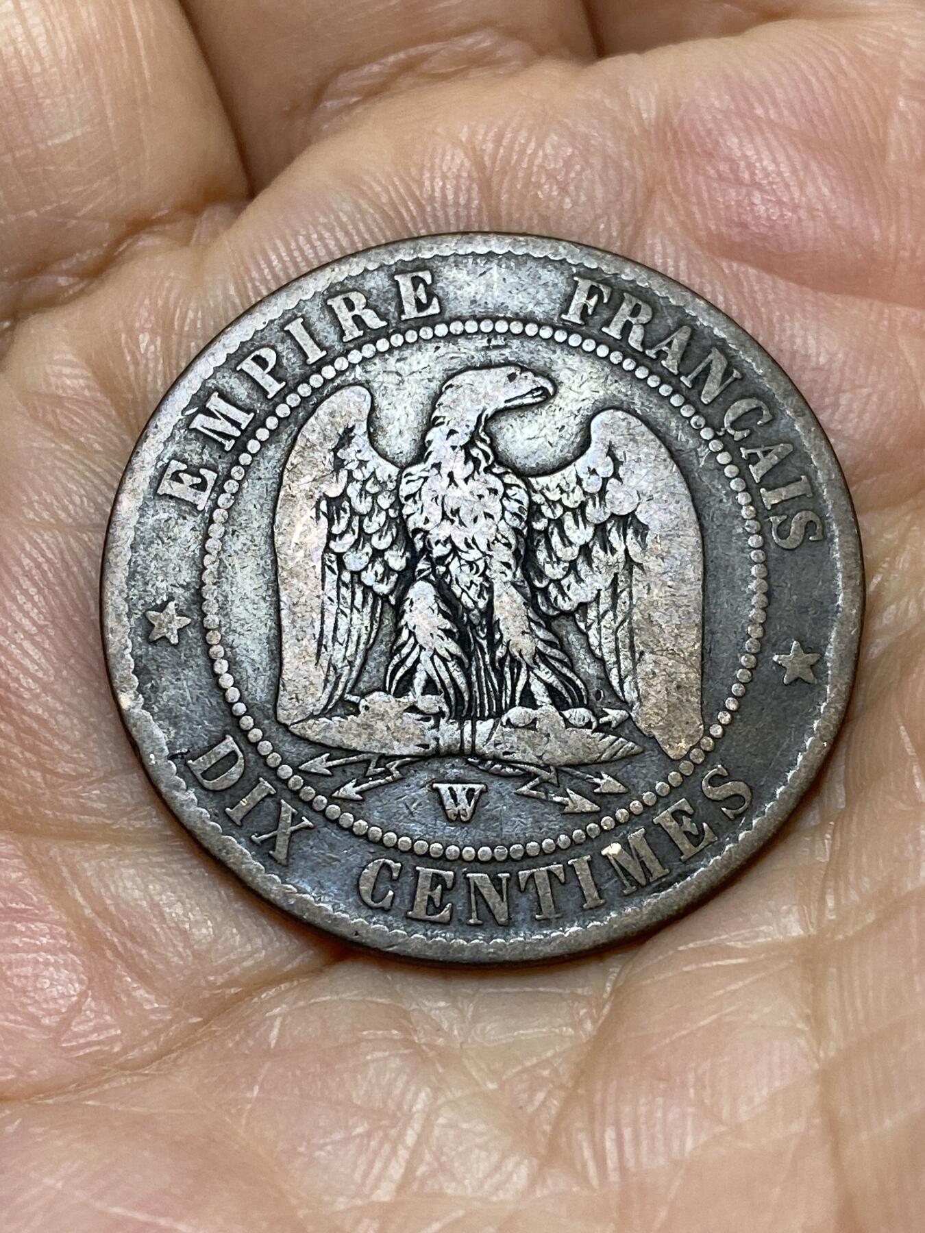 2025年第一百零五场(总第一百三十一场）外国好品散币(免佣金) 法兰西第二帝国1856年10生丁(拿破仑三世第一版，W标里尔造)