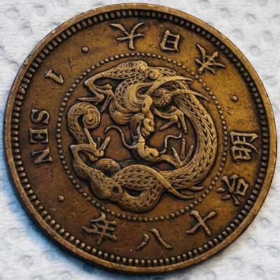 文馨钱币收藏第 275 场，优选品质银币，铜币，纪念章场，长期接收代拍品 - 巧克力包浆极品龙鳞日本明治十八年龙一钱铜板