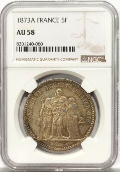 博洋堂世界钱币拍卖第142期（全场包邮） - NGC AU58 法国1873年巴黎造币厂大力神5法郎银币，背面深色包浆，状态可以