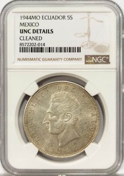 博洋堂世界钱币拍卖第142期（全场包邮） - NGC UNC 厄瓜多尔1944年5苏克雷大银币，原光好品，带淡包浆。