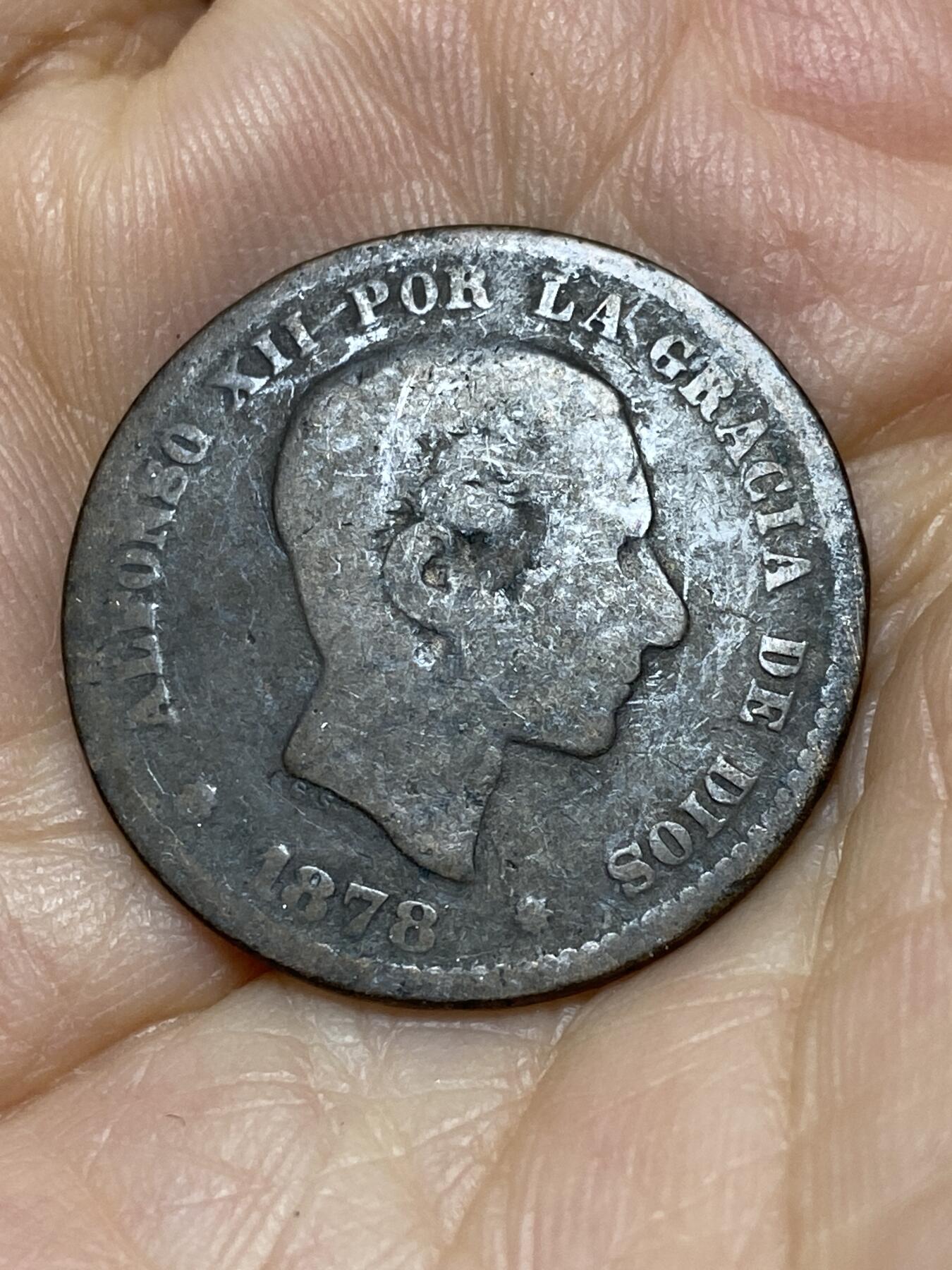 2025年第一百零五场(总第一百三十一场）外国好品散币(免佣金) 西班牙王国1878年5分(阿方索十二世时期，OM标，巴塞罗那造，仅发行3年)