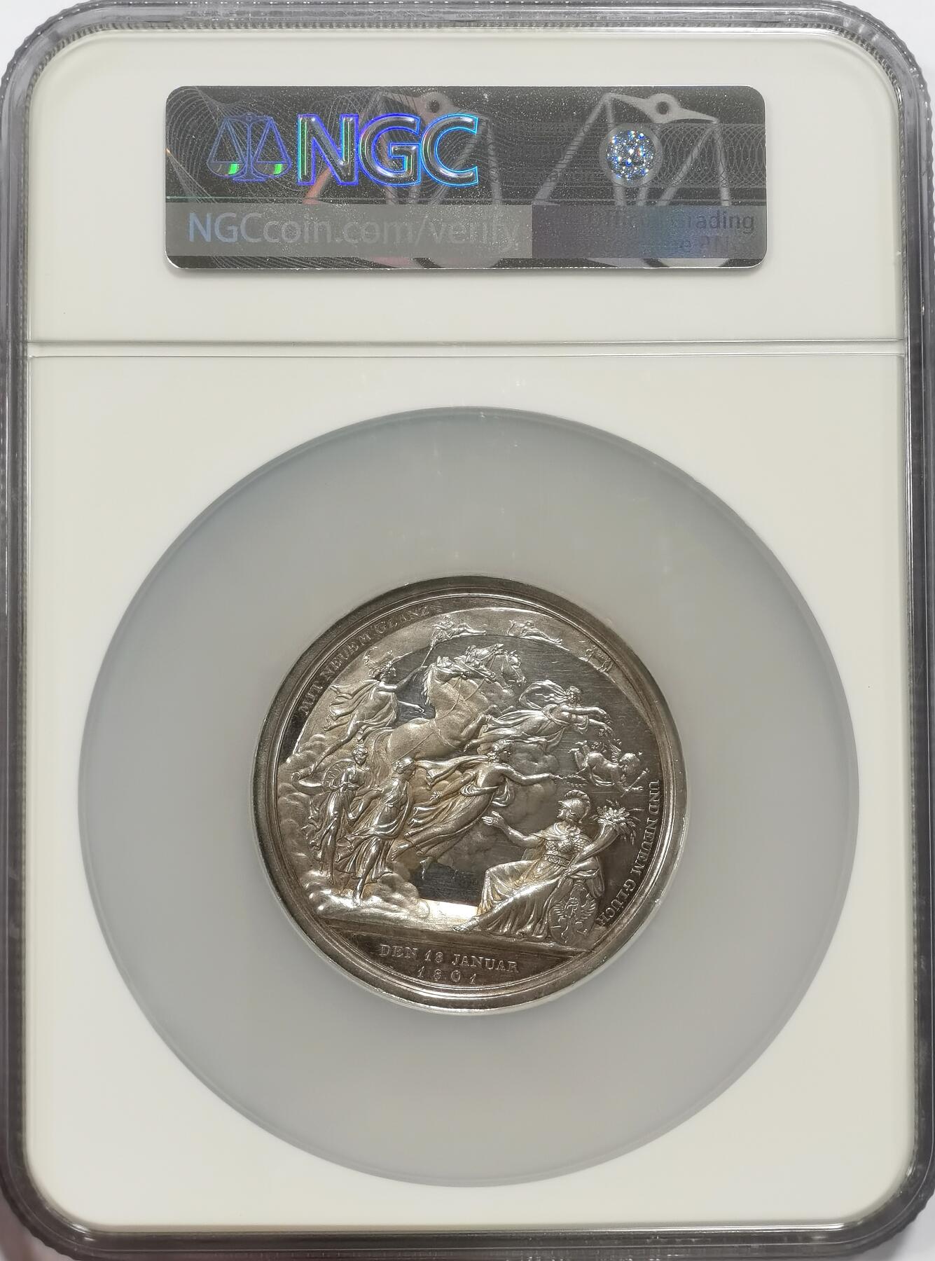 博洋堂世界钱币拍卖第142期（全场包邮） NGC MS62 冠军分！普鲁士公国100周年纪念银章，镜面底板比较罕见，德意志章牌家丹尼尔·弗里德里希·洛斯Daniel·Friedrich·Loos（1735-1819）于1801年创作