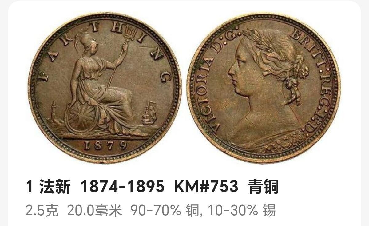 布加迪🐬～世界钱币(上海)🌾第 248 期 /  各国套币和散币 英国🇬🇧 1885年 1法新 20mm
