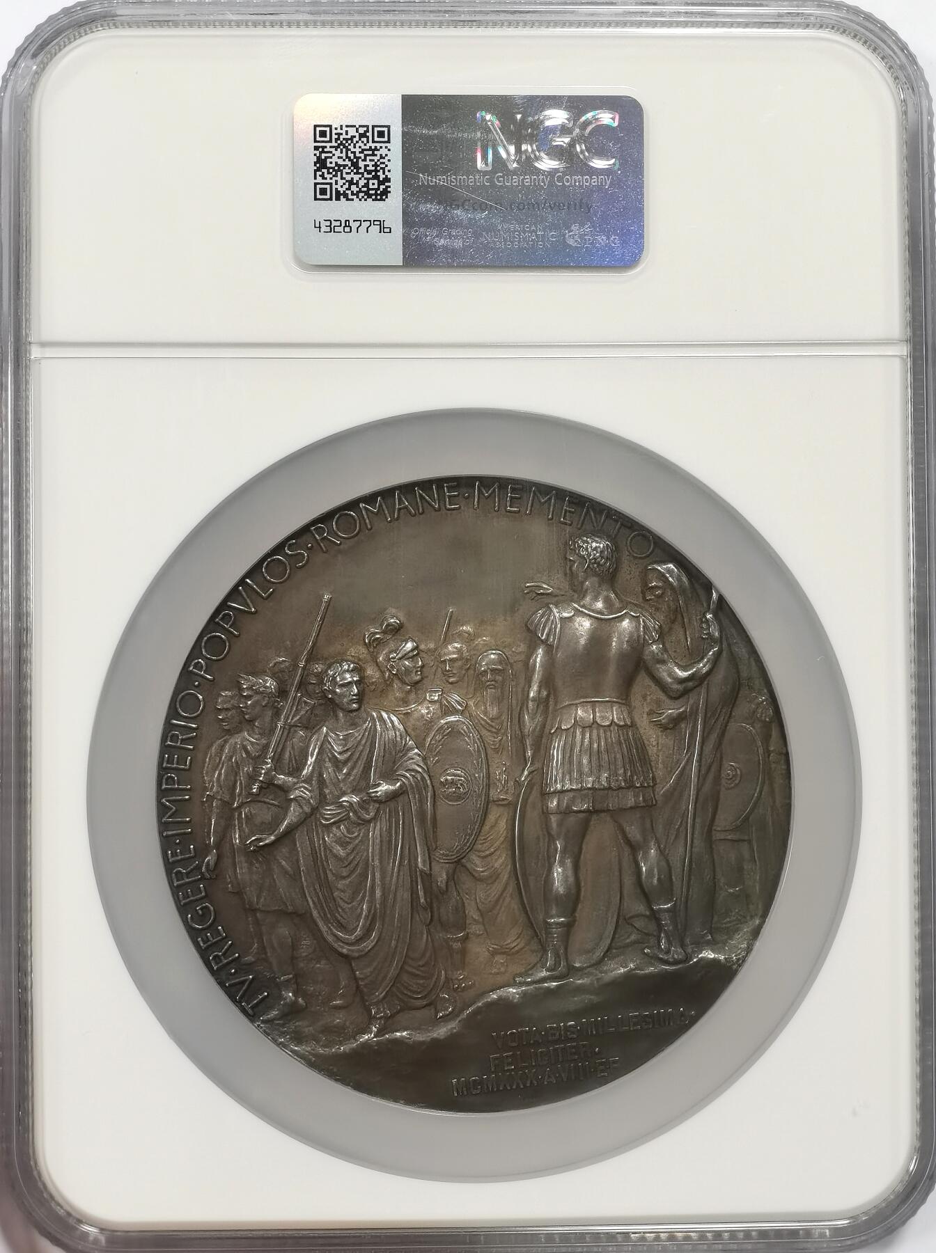 博洋堂世界钱币拍卖第142期（全场包邮） NGC MS63 1930年意大利古罗马诗人维吉尔诞辰2000周年超大尺寸银章，直径82mm,及其罕见的一枚银章，市面上很难见到，珍惜程度R2 雕刻繁复精美，画面人物栩栩如生，意大利罗马铸币厂首席雕刻大师Giuseppe Romagnoli史诗级作品
