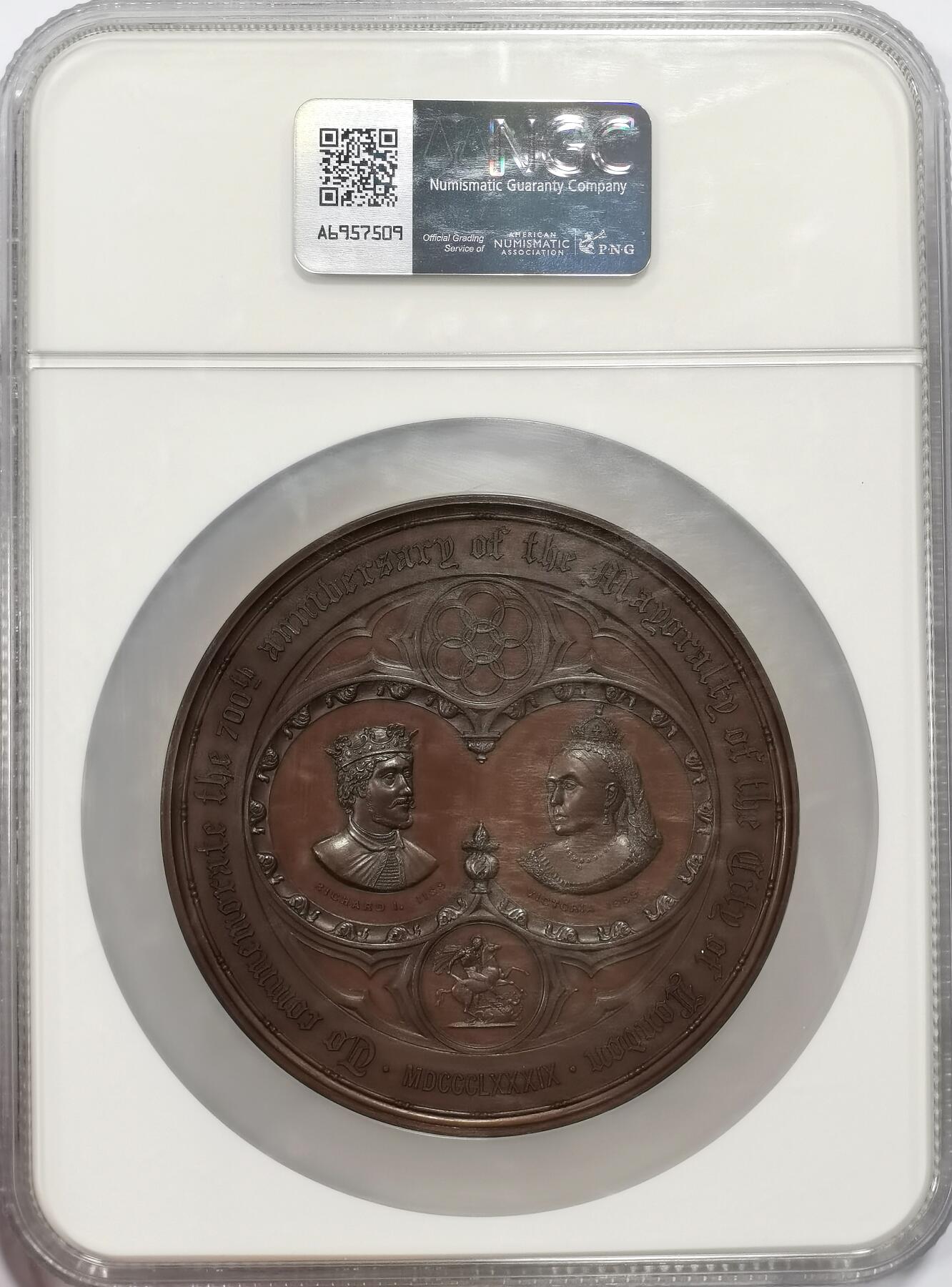 博洋堂世界钱币拍卖第142期（全场包邮） NGC MS65BN 1889年英国伦敦市长任期700年纪念大铜章，金融城系列，80mm大尺寸，品相上乘，原盒完好，附带百年古董木盒及其证书，集齐这一套非常难得！