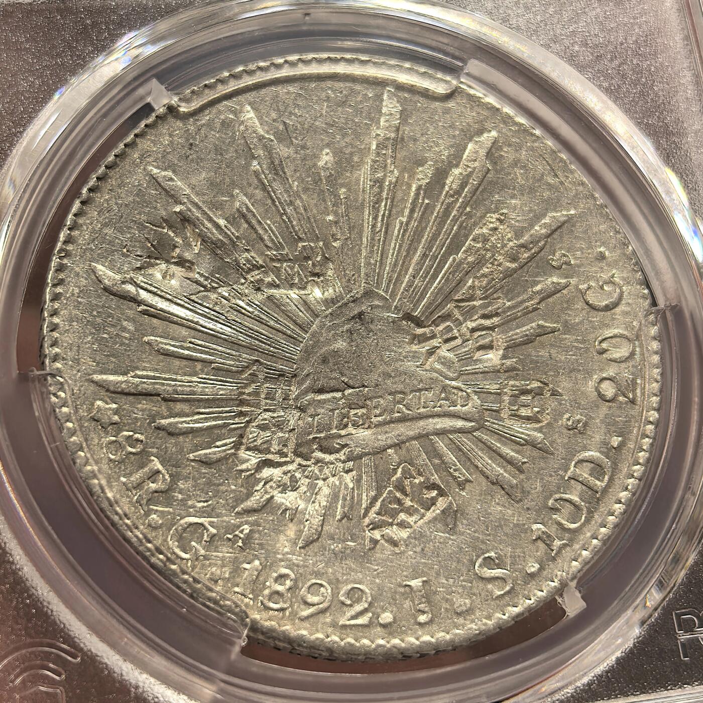 博洋堂世界钱币拍卖第142期（全场包邮） PCGS AU 墨西哥1892年GA JS版花边鹰洋，银光闪闪，多个精美戳记