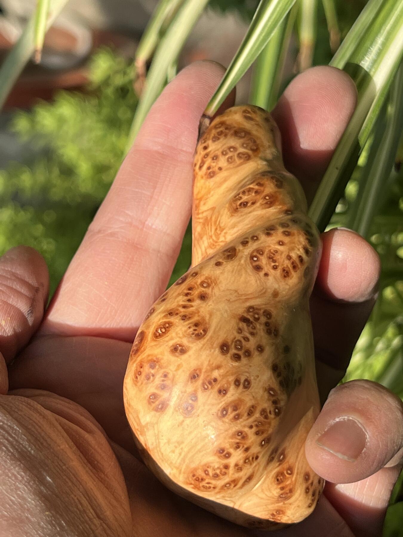 零元拍：崖柏瘤花随型手把件，十年前的存货了，油性极大。因为没有盘玩过，里面的油脂都渗出来了，收到后切记一定戴手套盘玩