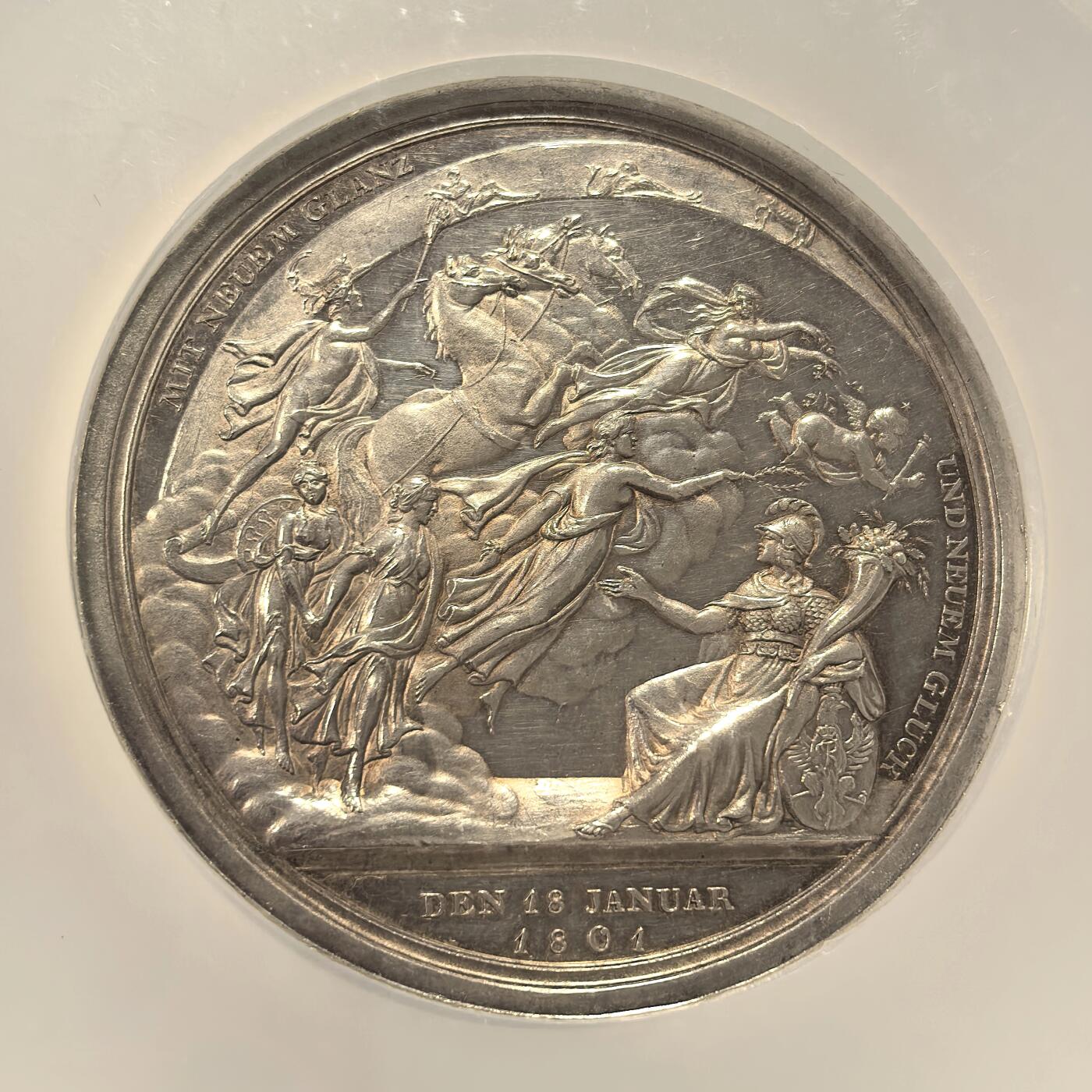 博洋堂世界钱币拍卖第142期（全场包邮） NGC MS62 冠军分！普鲁士公国100周年纪念银章，镜面底板比较罕见，德意志章牌家丹尼尔·弗里德里希·洛斯Daniel·Friedrich·Loos（1735-1819）于1801年创作