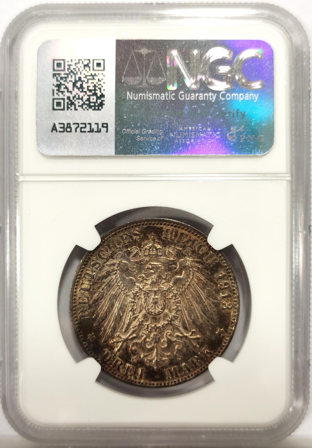 博洋堂世界钱币拍卖第142期（全场包邮） NGC UNCD 德国汉堡自由市1913年3马克银币，原汁原味重彩包浆，包浆醇厚，味道不错，状态佳