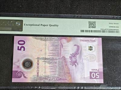 刘世昌艺术品销售中心～虎踞龙蟠*金杨在线联拍群第521期  墨西哥2021年50比索（PMG 67E 号码：AA 9228697）1枚。此币荣获当年IBNS世界纸币大奖赛“最佳纸币”大奖。