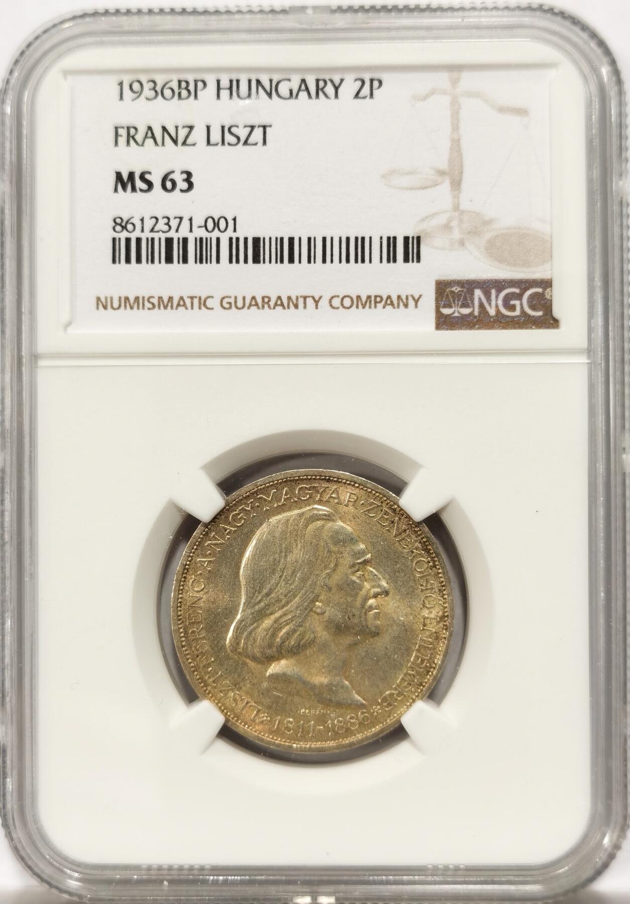 博洋堂世界钱币拍卖第142期（全场包邮） NGC MS63 匈牙利1936年弗朗茨纪念2潘果银币，少见品种，极美双面金彩，状态很好。