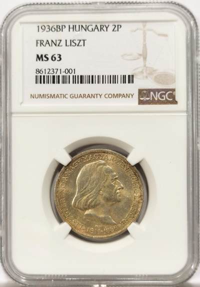 博洋堂世界钱币拍卖第142期（全场包邮） - NGC MS63 匈牙利1936年弗朗茨纪念2潘果银币，少见品种，极美双面金彩，状态很好。
