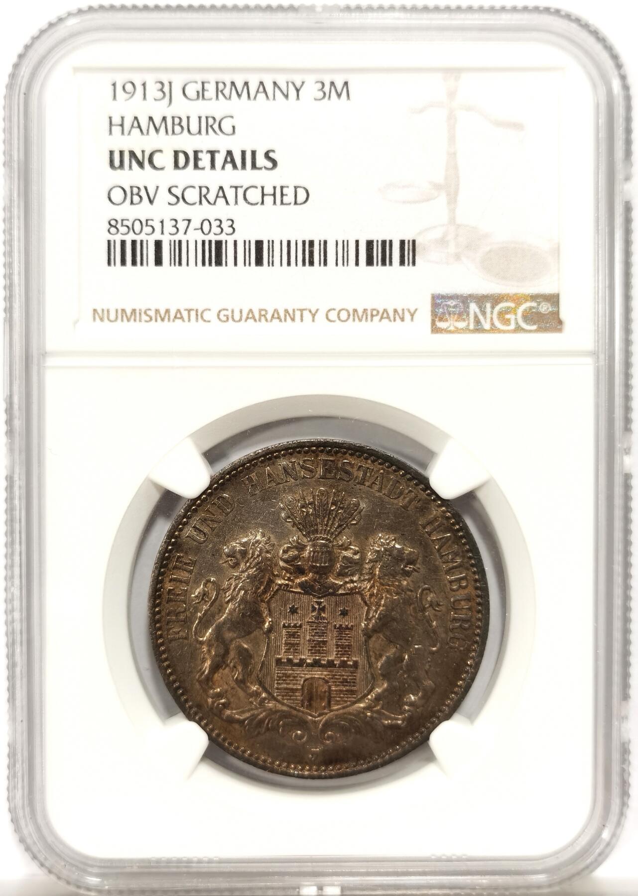 博洋堂世界钱币拍卖第142期（全场包邮） NGC UNCD 德国汉堡自由市1913年3马克银币，原汁原味重彩包浆，包浆醇厚，味道不错，状态佳