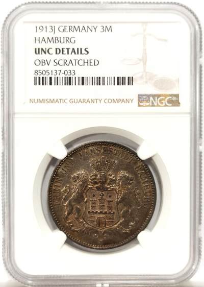博洋堂世界钱币拍卖第142期（全场包邮） - NGC UNCD 德国汉堡自由市1913年3马克银币，原汁原味重彩包浆，包浆醇厚，味道不错，状态佳