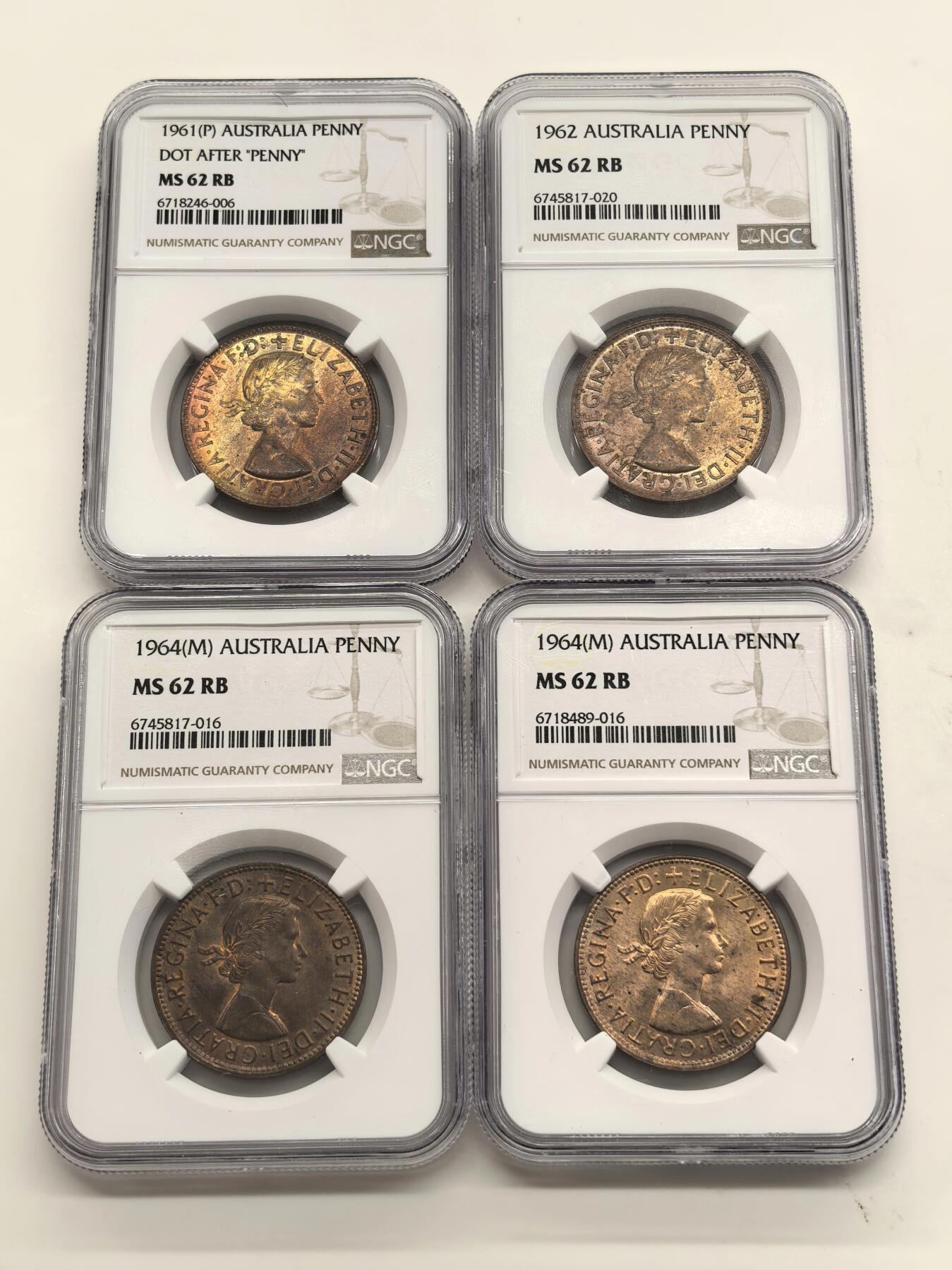 博洋堂世界钱币拍卖第142期（全场包邮） NGC MS62RB 英属澳大利亚1961-1964年伊丽莎白二世袋鼠1便士铜币4枚一组