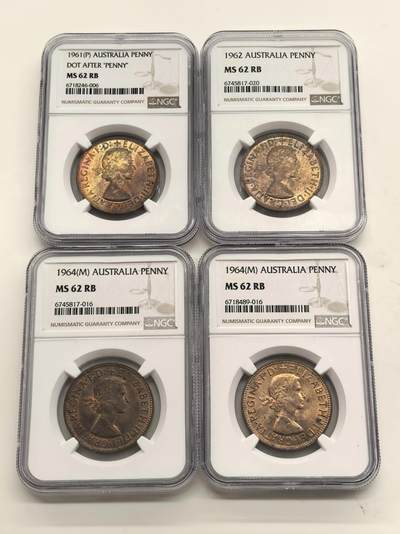 博洋堂世界钱币拍卖第142期（全场包邮） - NGC MS62RB 英属澳大利亚1961-1964年伊丽莎白二世袋鼠1便士铜币4枚一组