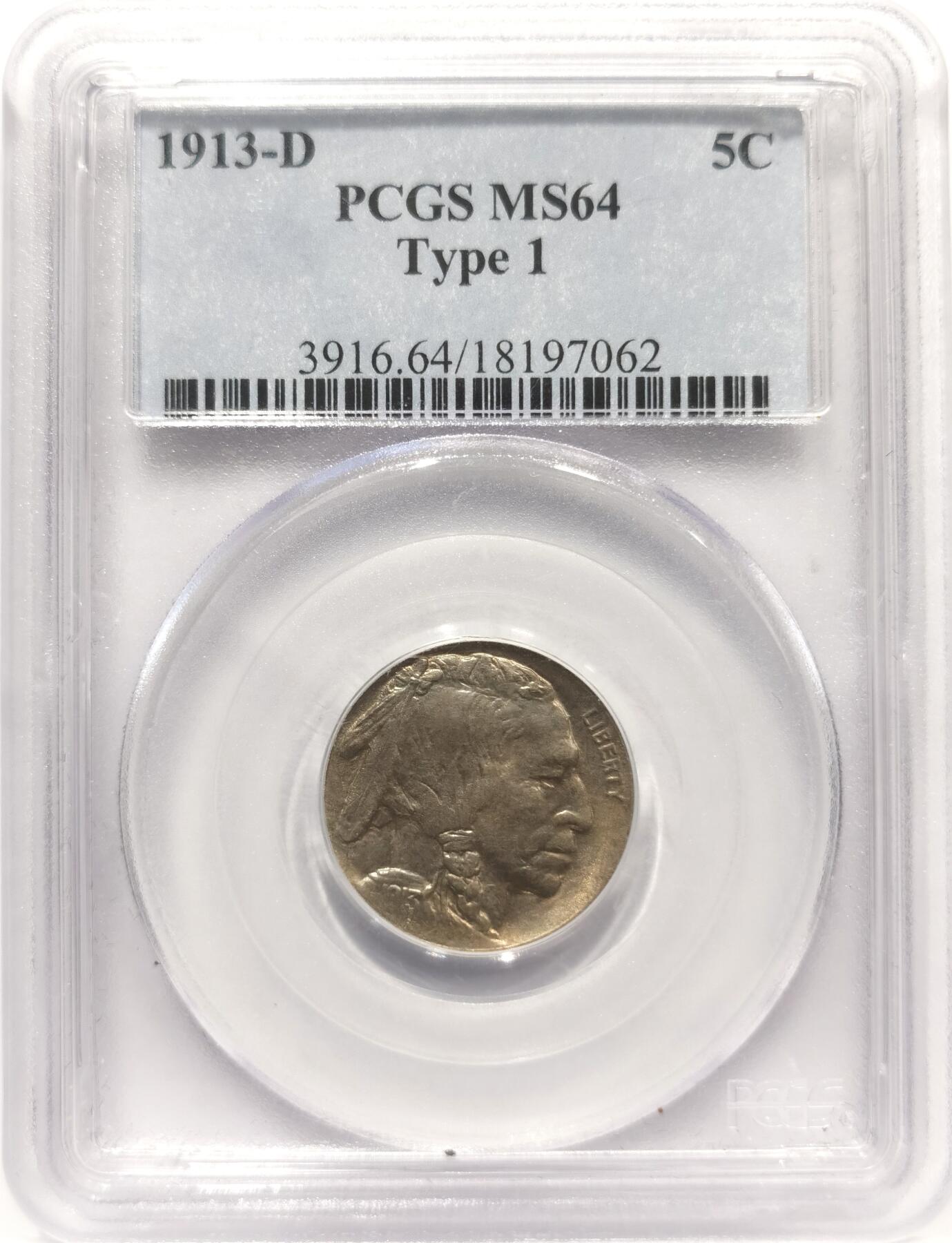 博洋堂世界钱币拍卖第142期（全场包邮） PCGS MS64 TYPE-1 1913年美国野牛5美分 美币经典品种 首发年份 少见版本 P盒早期严评 该枚两面的彩是最大亮点 野牛很少出彩币 盒子背面下方卡槽有磕损