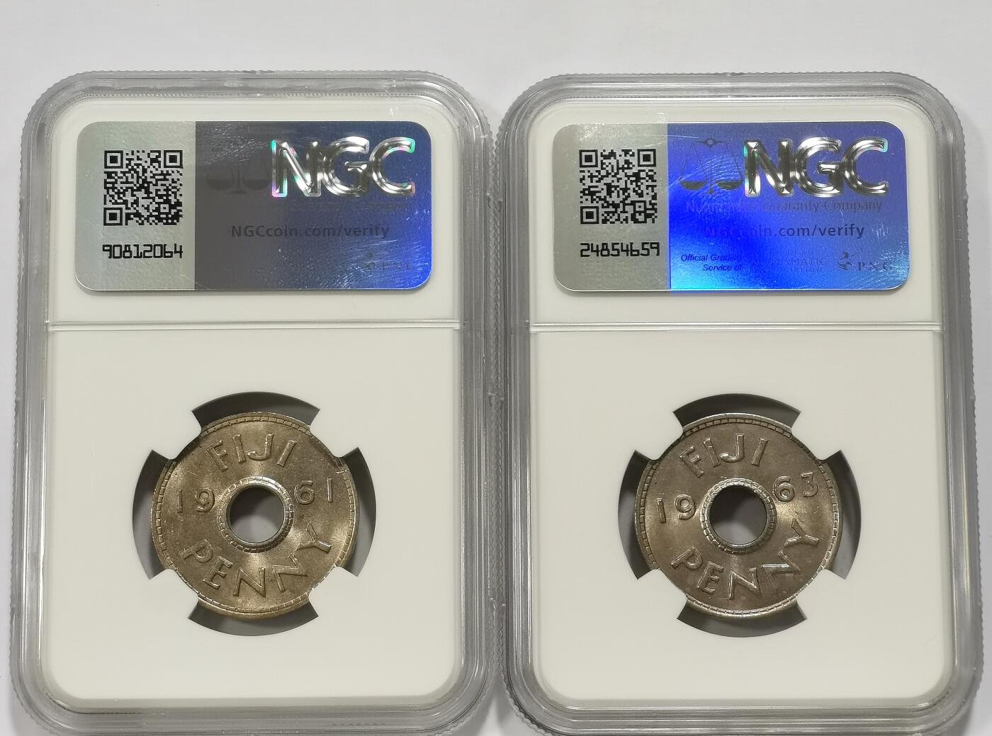 博洋堂世界钱币拍卖第142期（全场包邮） NGC MS65 英属斐济1961、1963年1便士2枚一对