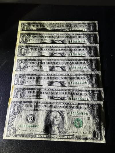 《外钞收藏家》第五百七十四期（精选场）（本平台长期征集拍品、欢迎藏友们联系合作） 1988年美国1美元 含数三5个6  七张一起 全新 个别极轻微荧光不绝