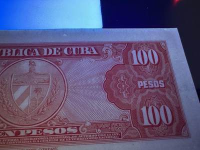 《外钞收藏家》第五百七十四期（精选场）（本平台长期征集拍品、欢迎藏友们联系合作） 1959年古巴100比索 全新不绝 角有瑕疵