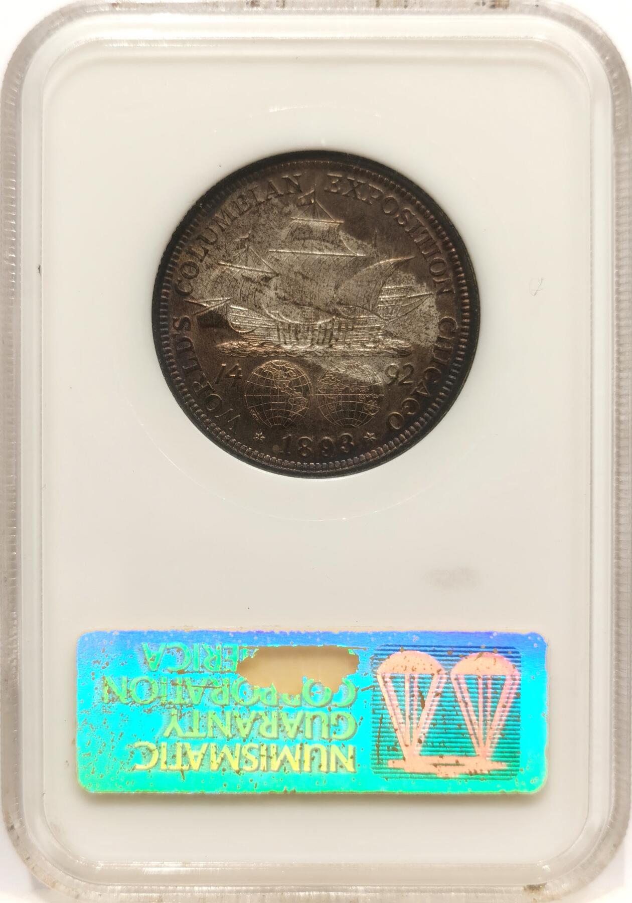博洋堂世界钱币拍卖第142期（全场包邮） NGC MS64 美国1893年哥伦布发现新大陆50分纪念银币 美币经典品种 两面玫瑰红彩 背面彩形成趣味币：帆船在暴风雨中乘风破浪