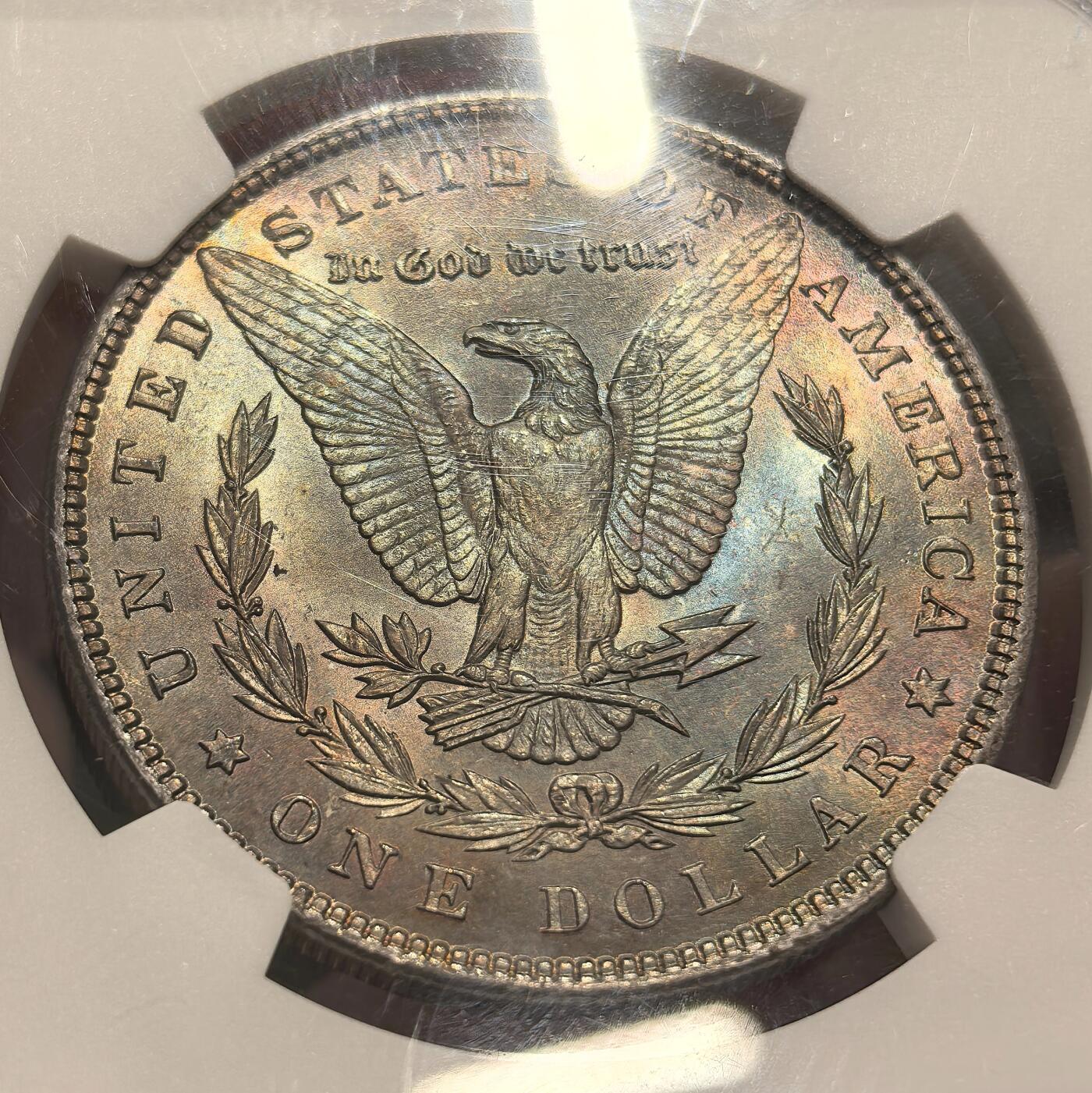 博洋堂世界钱币拍卖第142期（全场包邮） NGC MS64 美国1896年摩根银币P厂 女神面蓝紫满彩+蓝环彩 背面绿紫满彩 两面底光充沛 收藏级满彩摩根