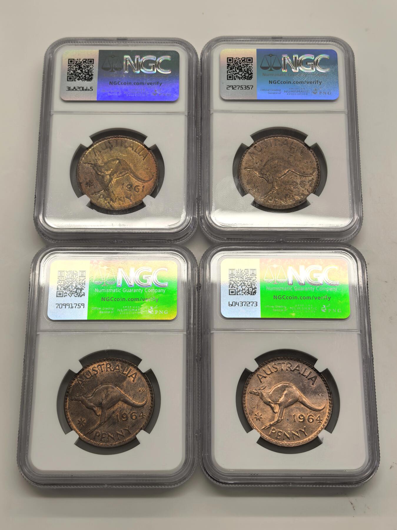 博洋堂世界钱币拍卖第142期（全场包邮） NGC MS62RB 英属澳大利亚1961-1964年伊丽莎白二世袋鼠1便士铜币4枚一组