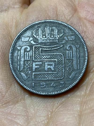 2025年第一百零六场(总第一百三十二场）外国好品散币(免佣金) - 比利时🇧🇪1943年5法郎(利奥波德三世，二战德国占领时期，法语版)