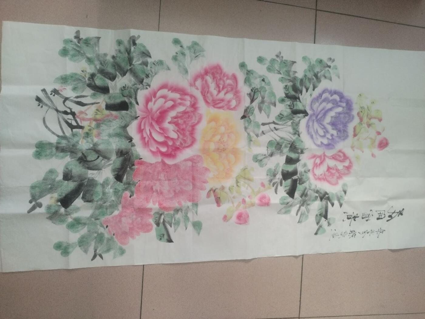 国画 书法 吴雅君老师手绘 花开富贵。140-70cm。