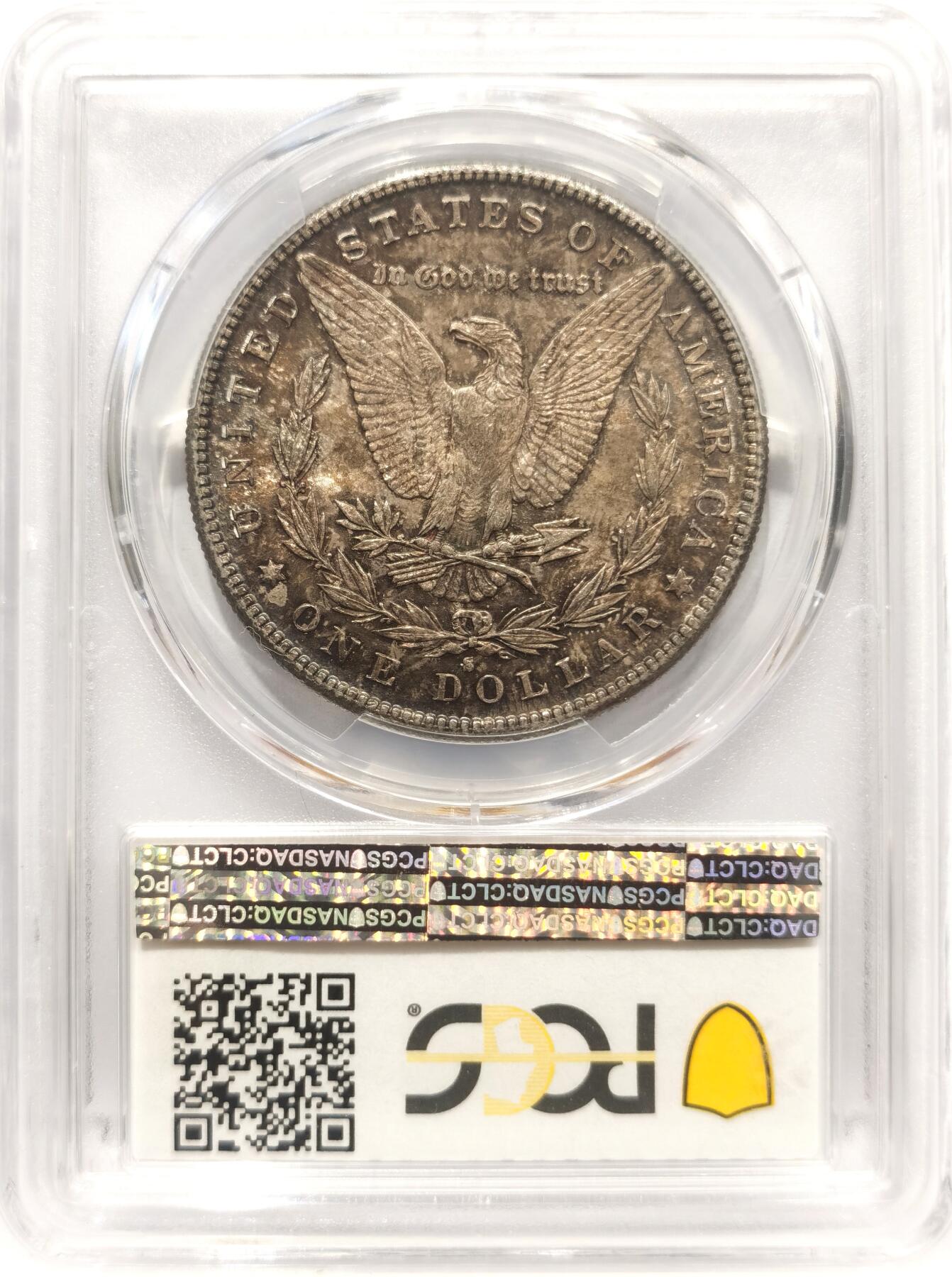 博洋堂世界钱币拍卖第142期（全场包邮） PCGS MS64 美国1881年摩根银币S厂 两面金灰满彩 边缘带有蓝彩 底光充足 该枚两面难得彩系统一 两面均带转光效果