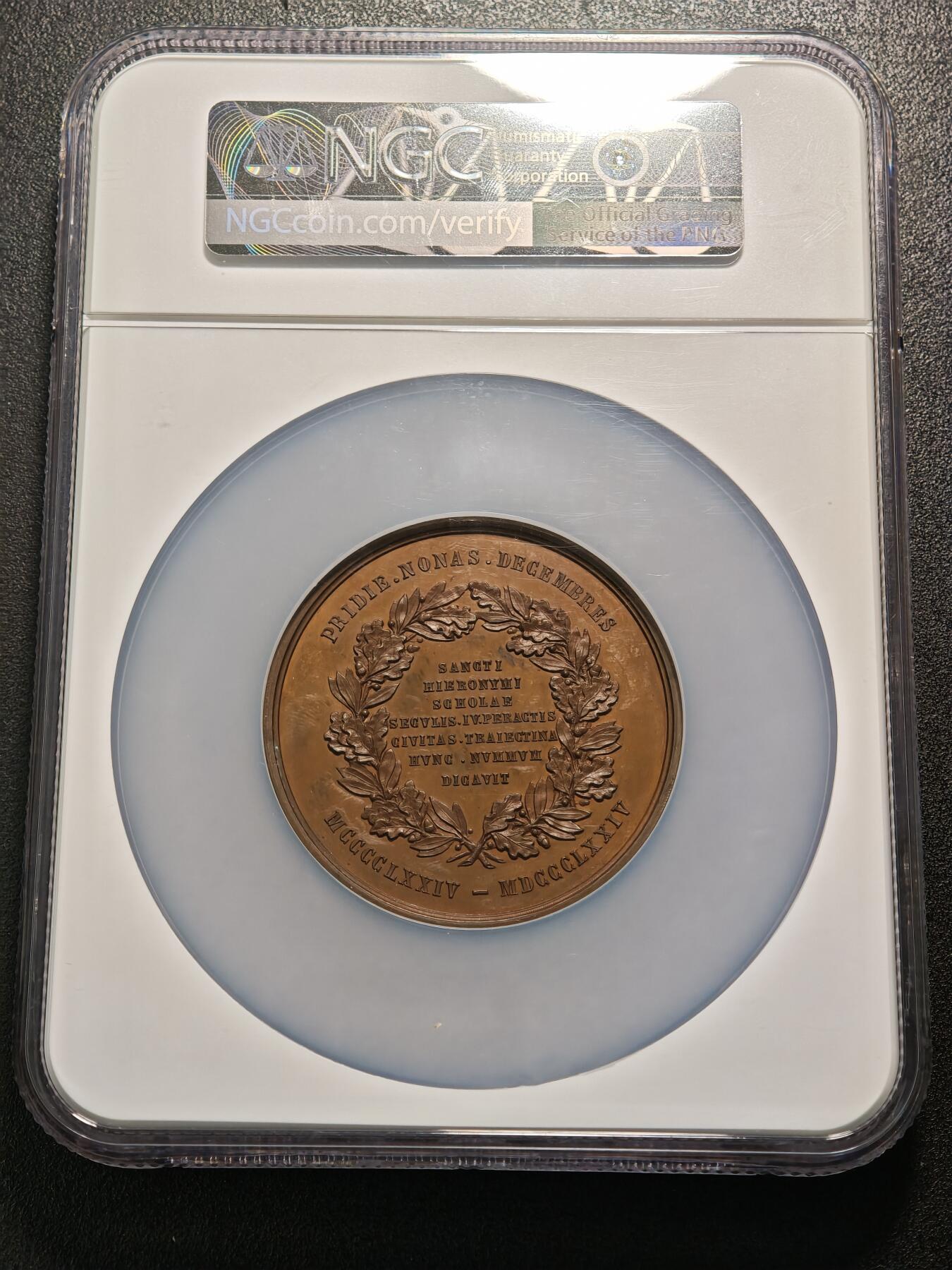 【德藏】世界币章拍卖第149期（拍品征集中~欢迎藏友联系） 1874年 荷兰圣赫罗尼莫斯学院400周年纪念大铜章 NGC MS64BN 盾徽细节刻画精美