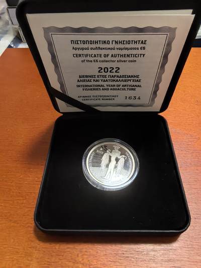 长老汇蛇年精选第五十九场拍卖 2022希腊世界渔业和水产年6欧元精制银币，10克925银，2000枚，盒证全