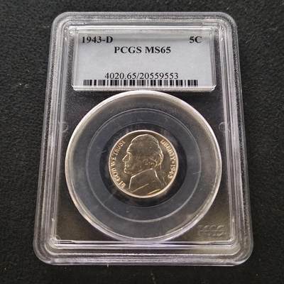 【全场包邮】纯粹捡漏拍467场-待排序 - 美国1943年杰佛逊5分银币-PCGS MS65