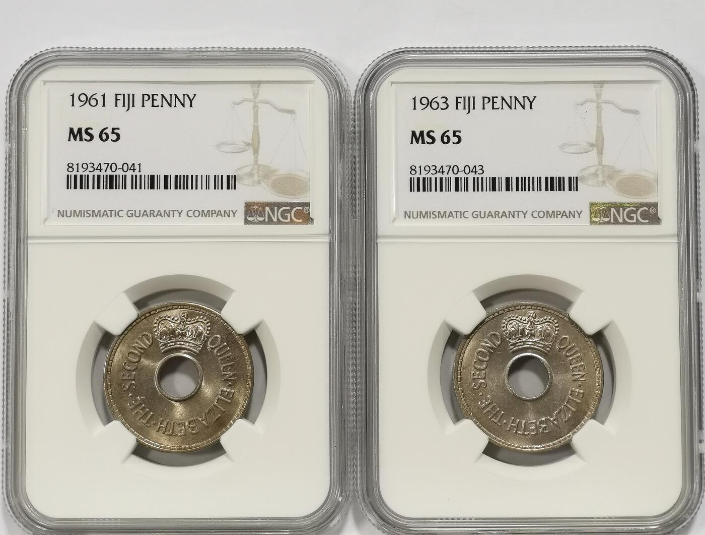 博洋堂世界钱币拍卖第142期（全场包邮） NGC MS65 英属斐济1961、1963年1便士2枚一对