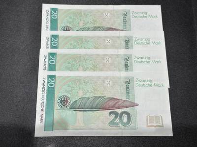 《外钞收藏家》第五百七十四期（精选场）（本平台长期征集拍品、欢迎藏友们联系合作） 1993年德国20马克 四张一起 AU品相