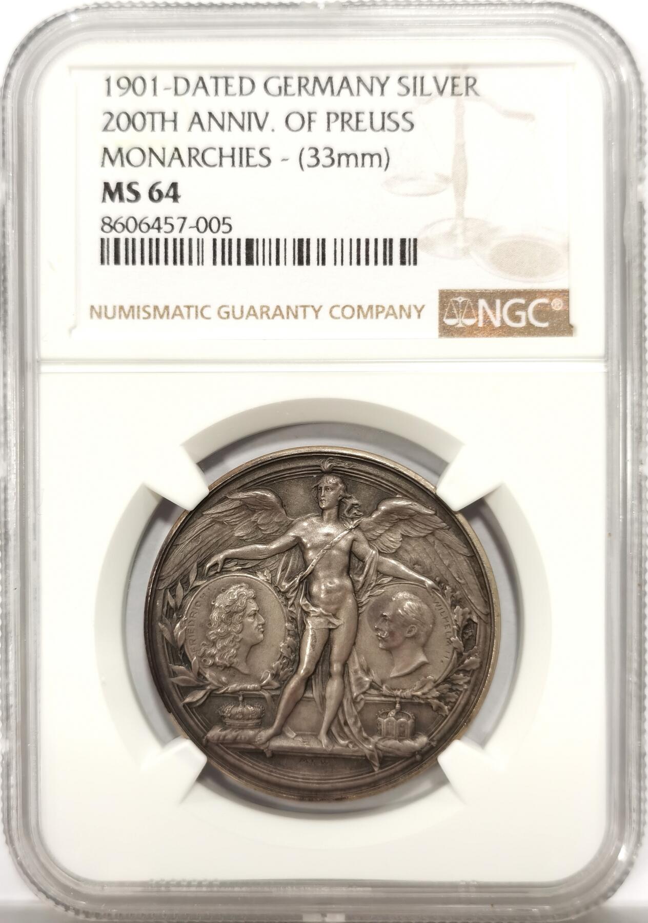 博洋堂世界钱币拍卖第142期（全场包邮） NGC MS64 德国普鲁士1901年建国200周年纪念银章，大天使下面并列腓特烈大帝和威廉二世的头像及加冕皇冠，整体设计制作精美之极，罕见的纪念银章。